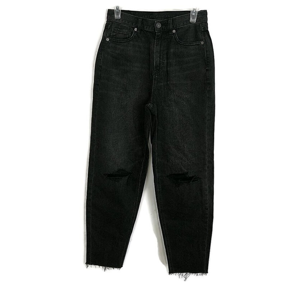 American Eagle Relaxed Mom Jeans Black Distressed High Rise Denim Fray Hem sz 2